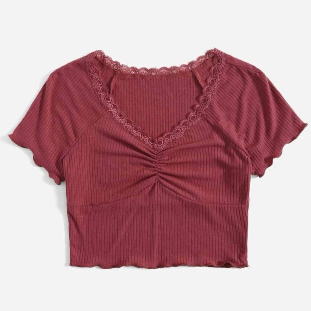 Lace Trim Raglan Sleeve Ruched Rib-knit Crop Tee - Picture 2 of 6